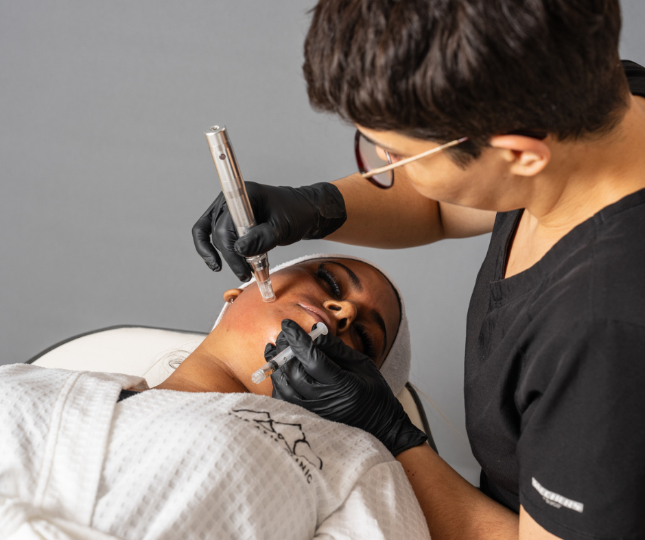 Aesthetic practitioner performing microneedling facial treatment at The Axis Clinic London to improve skin texture and radiance.
