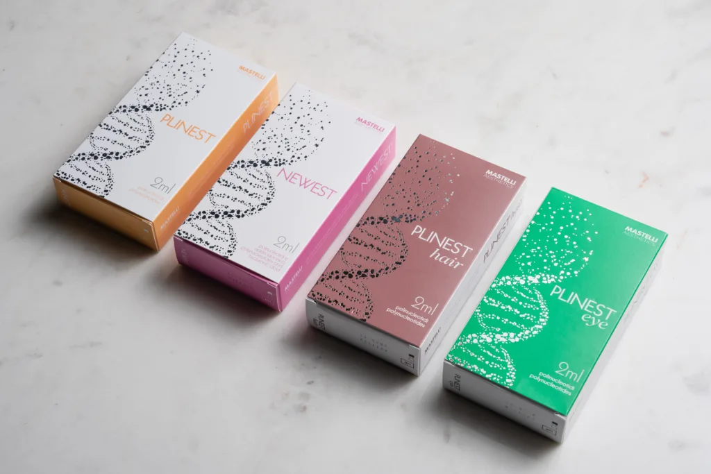 Plinest Polynucleotides products used at The Axis Clinic London for skin, hair, and eye rejuvenation treatments.