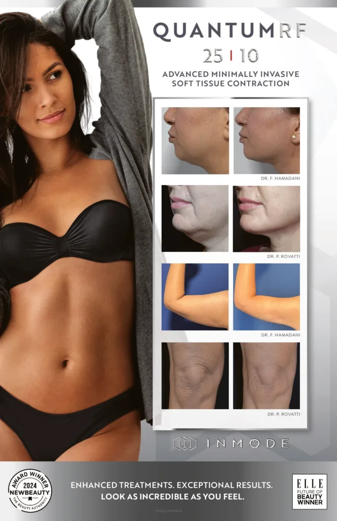 Quantum RF before and after results showing tighter skin on face, arms, and knees after InMode treatment at The Axis Clinic.