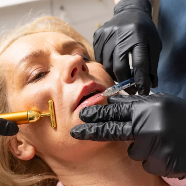 Dr Carlos Escobar performing dermal filler lip injection at The Axis Clinic using precision techniques for natural results.